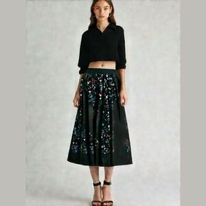 Unique Vintage Black Floral Print Midi Skirt Size M